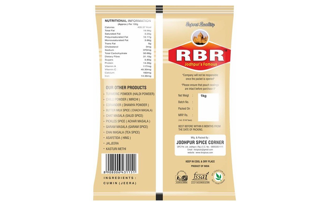 RBR Jodhpur's Famous Cumin (Jeera)    Pack  1 kilogram